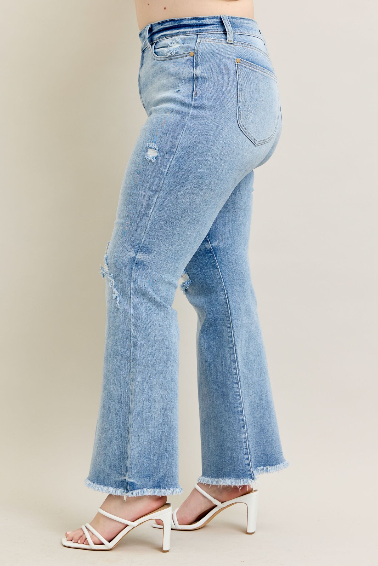 Judy Blue Women's Plus Size Light Wash High-Rise Destroyed Raw Hem Flare Jeans 82650