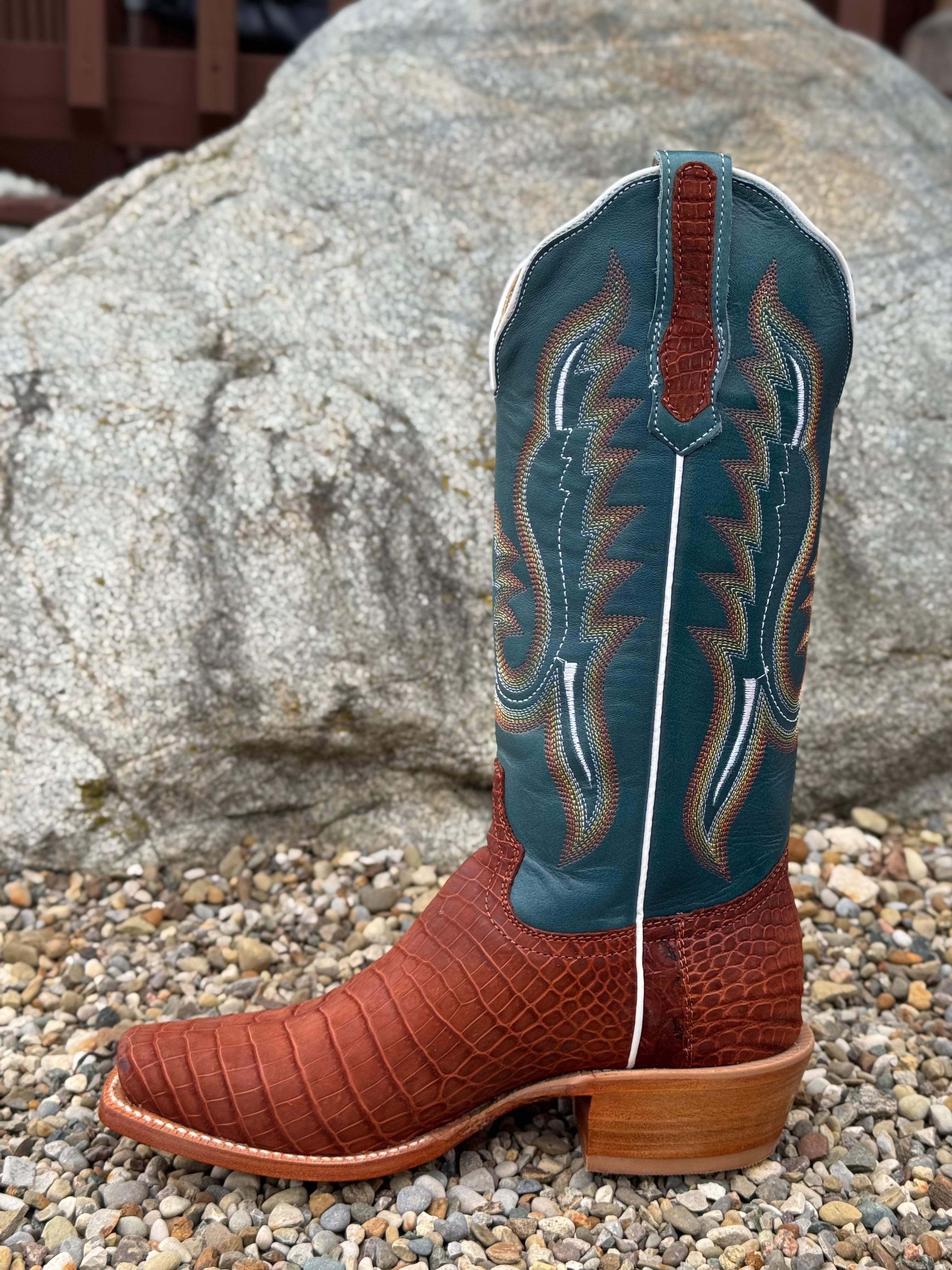 NEW R WATSON BOOTS men\'s cognac sueded nile crocodile exotic boots in cognac/bla R. Watson Whiskey Shrunken Shoulder Boots main image 2