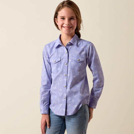 Ariat Girl's Lavender Western Motifs Print Pearl Snap Long Sleeve Western Shirt 10073448