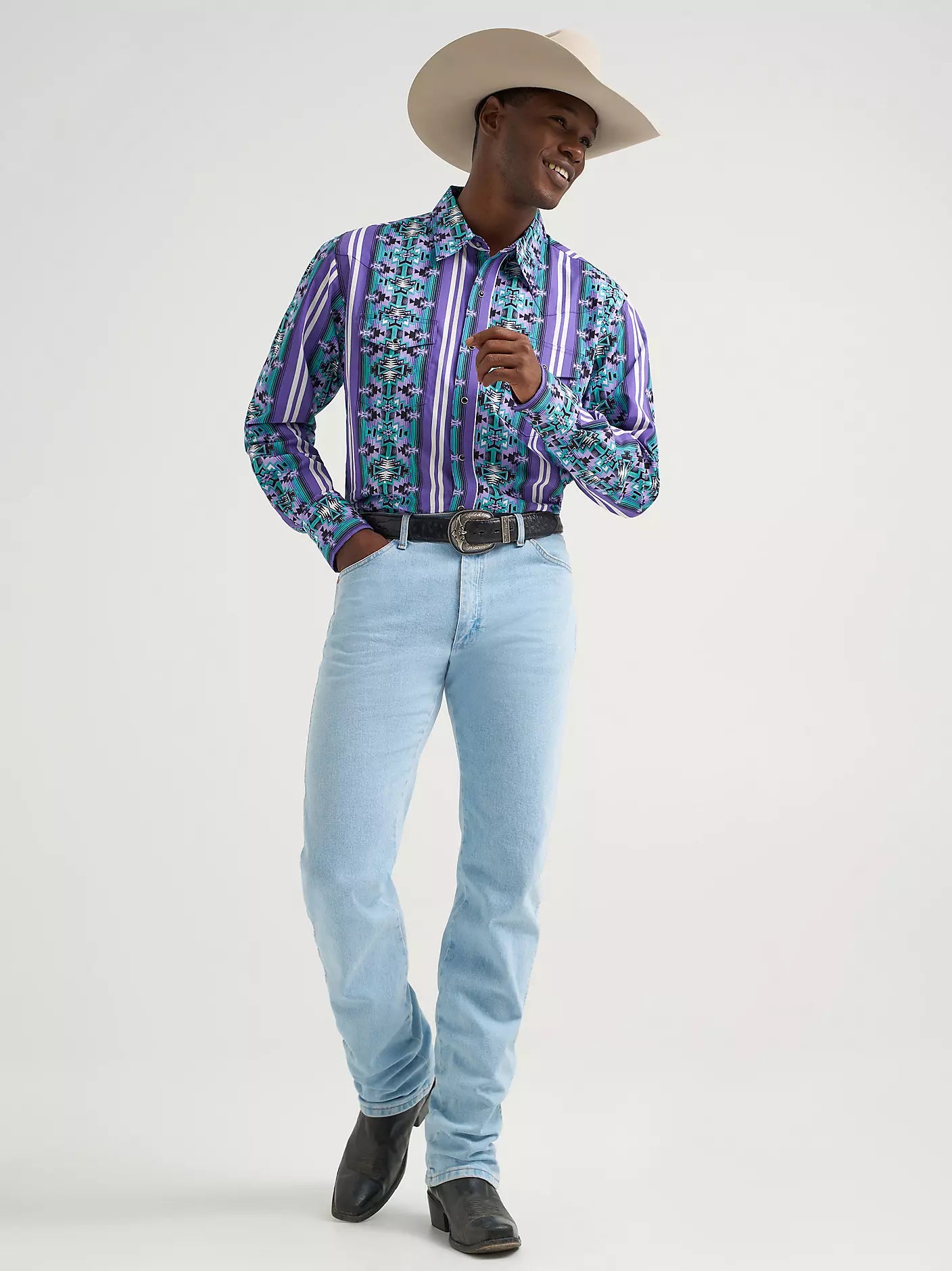 Wrangler Men's Violet Serape Stripe Checotah Print Pearl Snap Long