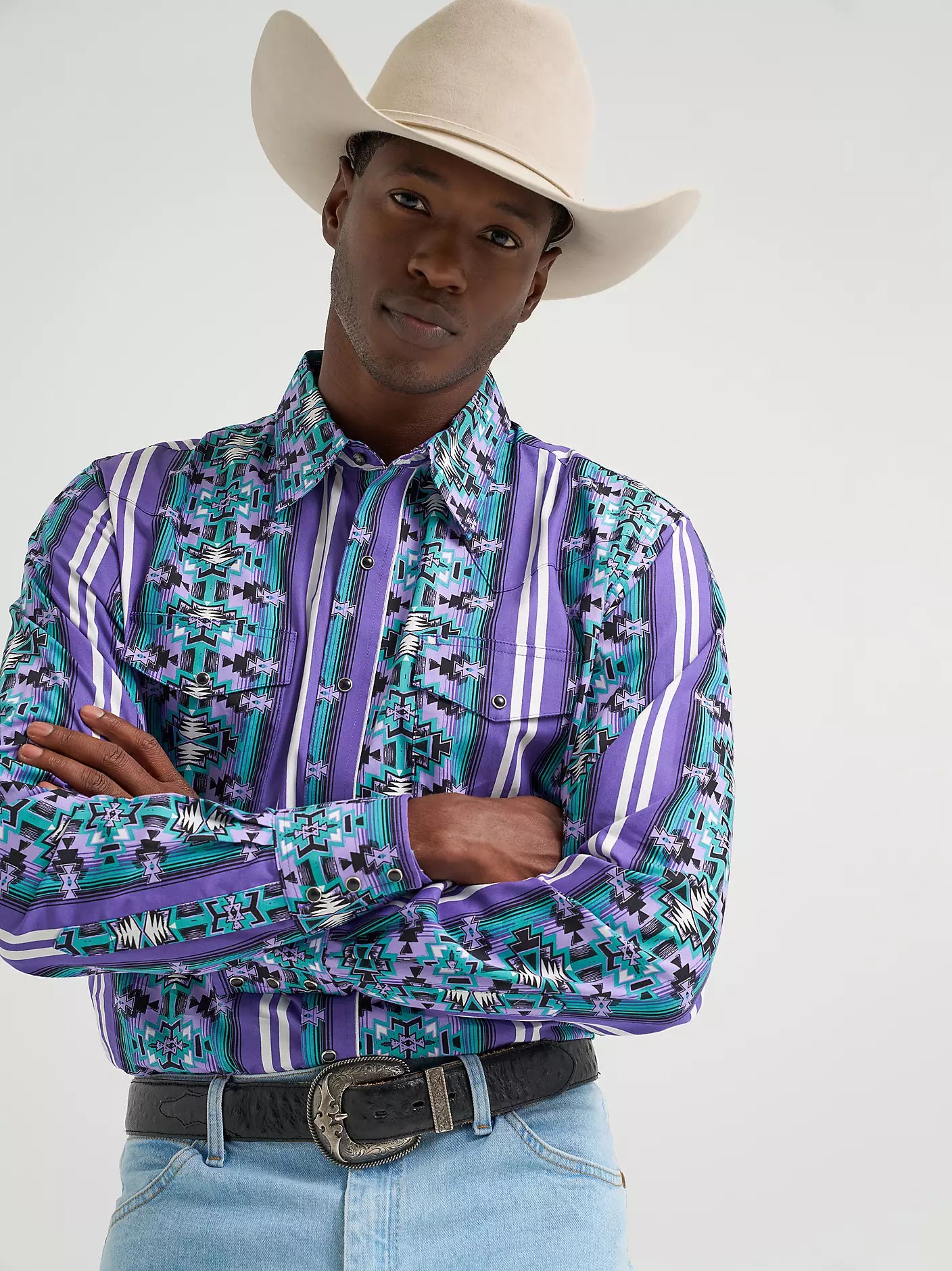 Wrangler Men's Violet Serape Stripe Checotah Print Pearl Snap Long