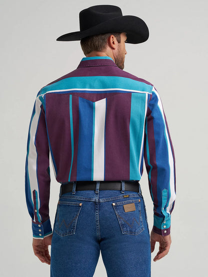 Wrangler Men's Teal Striped Vintage Brushpopper Inspired Pearl Snap Long Sleeve Western Work Shirt 112375225