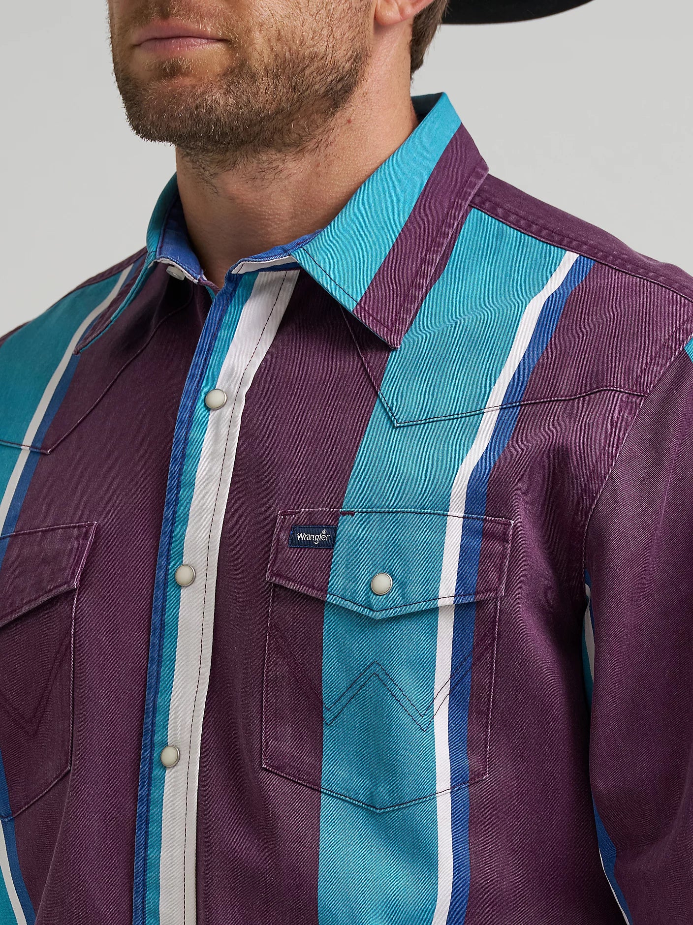 Wrangler Men's Teal Striped Vintage Brushpopper Inspired Pearl Snap Long Sleeve Western Work Shirt 112375225