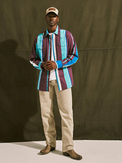 Wrangler Men's Teal Striped Vintage Brushpopper Inspired Pearl Snap Long Sleeve Western Work Shirt 112375225