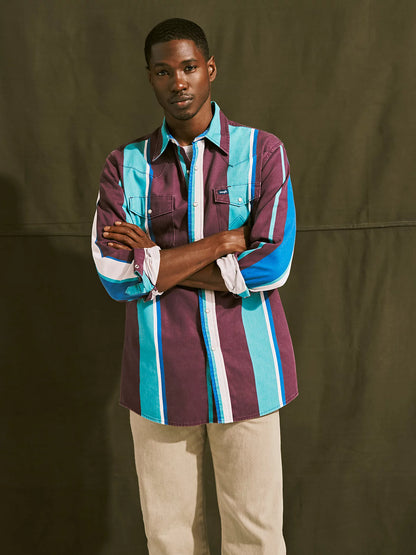 Wrangler Men's Teal Striped Vintage Brushpopper Inspired Pearl Snap Long Sleeve Western Work Shirt 112375225