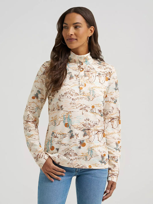 Wrangler Retro Women's Skye Performance Cream Western Print 1/4 Snap Long Sleeve Pullover 112375249