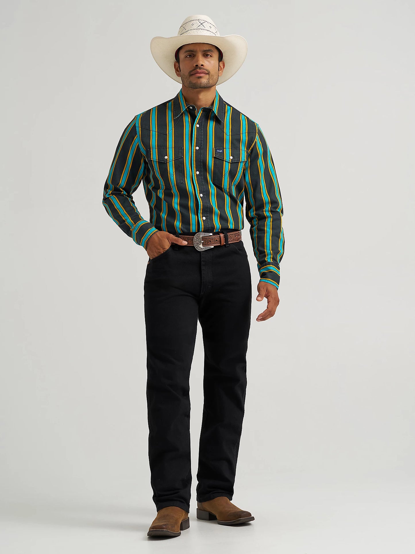 Wrangler Men's Teal & Black Striped Vintage Brushpopper Inspired Pearl Snap Long Sleeve Western Work Shirt 112375714