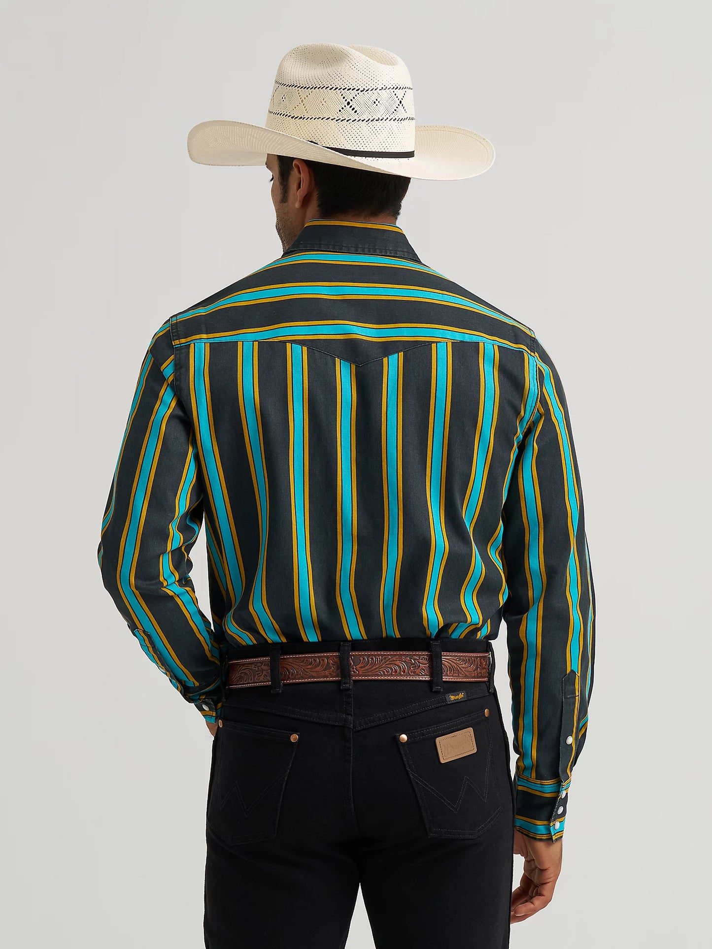 Wrangler Men's Teal & Black Striped Vintage Brushpopper Inspired Pearl Snap Long Sleeve Western Work Shirt 112375714