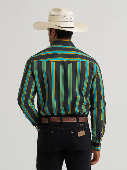 Wrangler Men's Teal & Black Striped Vintage Brushpopper Inspired Pearl Snap Long Sleeve Western Work Shirt 112375714