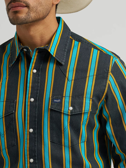 Wrangler Men's Teal & Black Striped Vintage Brushpopper Inspired Pearl Snap Long Sleeve Western Work Shirt 112375714