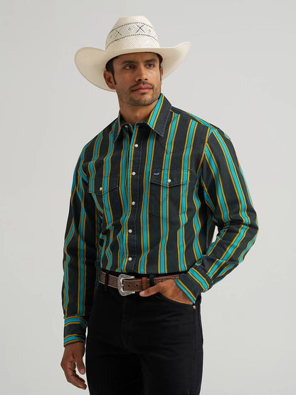 Wrangler Men's Teal & Black Striped Vintage Brushpopper Inspired Pearl Snap Long Sleeve Western Work Shirt 112375714