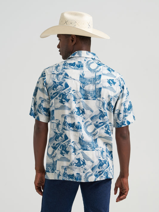 Wrangler Men's Coconut Cowboy Blue & Grey Western Print Pearl Snap Short Sleeve Camp Shirt 112378981