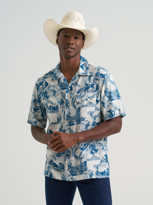 Wrangler Men's Coconut Cowboy Blue & Grey Western Print Pearl Snap Short Sleeve Camp Shirt 112378981