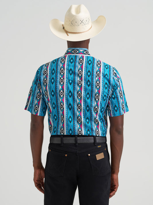 Wrangler Men's Teal Aztec Stripe Checotah Print Pearl Snap Short Sleeve Western Shirt 112379227