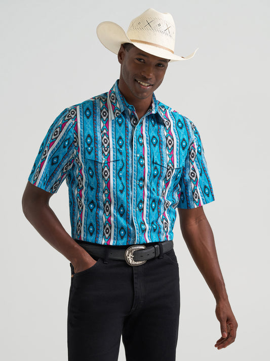 Wrangler Men's Teal Aztec Stripe Checotah Print Pearl Snap Short Sleeve Western Shirt 112379227