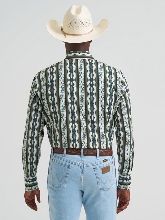Wrangler Men's Olive Green Aztec Stripe Checotah Print Pearl Snap Long Sleeve Western Shirt 112379228