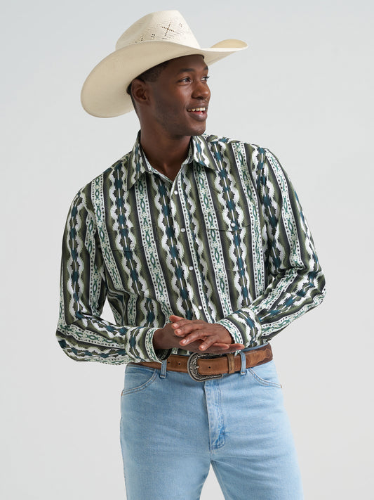 Wrangler Men's Olive Green Aztec Stripe Checotah Print Pearl Snap Long Sleeve Western Shirt 112379228