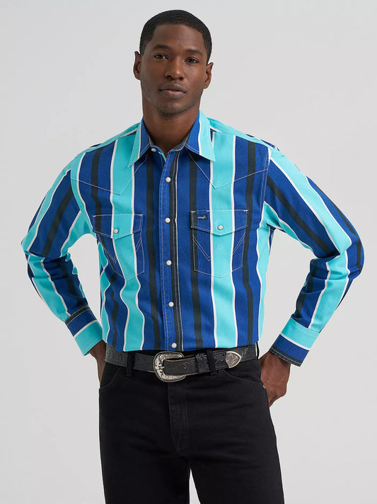 Wrangler Men's Cobalt Storm Blue Striped Vintage Brushpopper Inspired Pearl Snap Long Sleeve Western Work Shirt 112379229