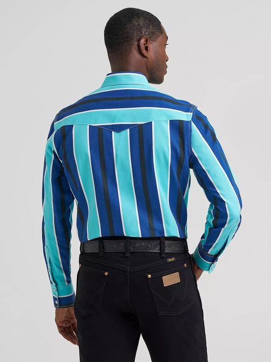 Wrangler Men's Cobalt Storm Blue Striped Vintage Brushpopper Inspired Pearl Snap Long Sleeve Western Work Shirt 112379229
