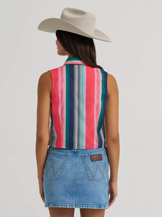 Wrangler Retro Women's Pink Brushpopper Stripe Slim Fit Pearl Snap Cropped Sleeveless Western Shirt 112379504