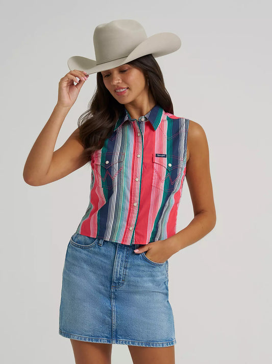 Wrangler Retro Women's Pink Brushpopper Stripe Slim Fit Pearl Snap Cropped Sleeveless Western Shirt 112379504