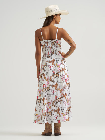 Wrangler Woman's White Bronco Rider Western Print Spaghetti Strap Maxi Dress 112379527