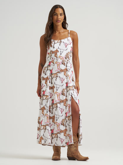 Wrangler Woman's White Bronco Rider Western Print Spaghetti Strap Maxi Dress 112379527