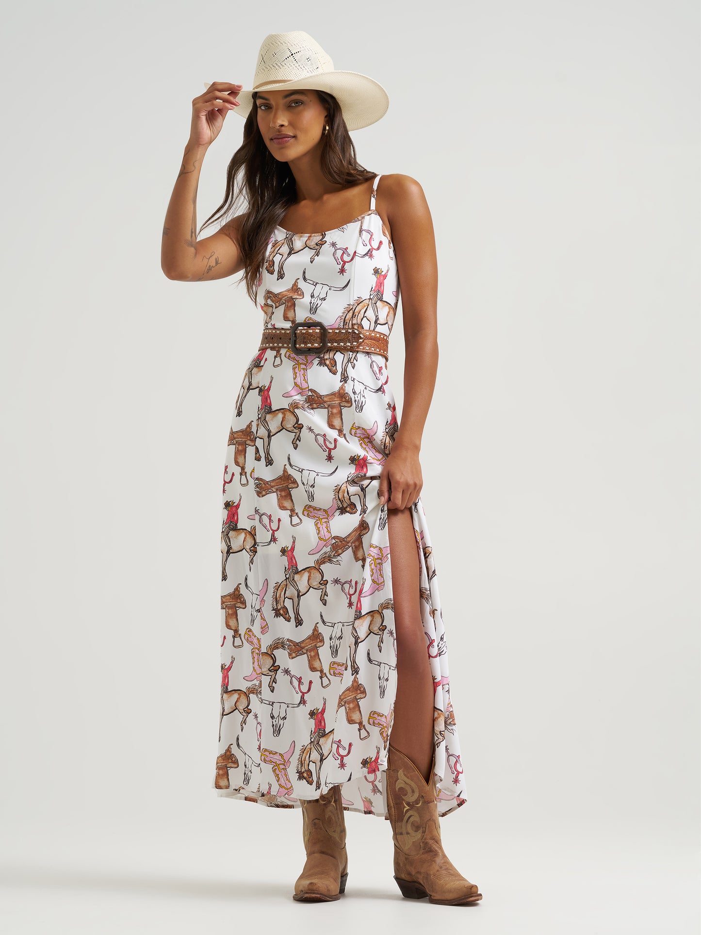 Wrangler Woman's White Bronco Rider Western Print Spaghetti Strap Maxi Dress 112379527