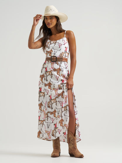 Wrangler Woman's White Bronco Rider Western Print Spaghetti Strap Maxi Dress 112379527