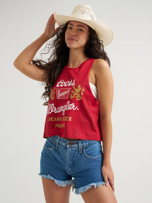 Wrangler X Coors2.0 Women's Red  'Jeans Beer Music' Festival Graphic Logo Cropped Tank Tee 112383043