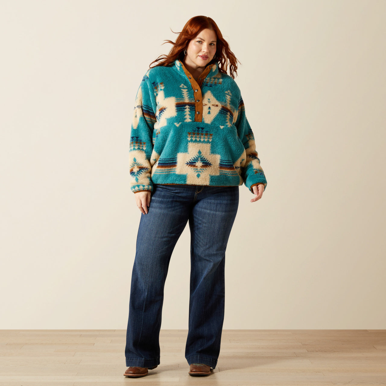 Ariat Women's Agave Turquoise Southwestern Print Berber 1/2 Snap