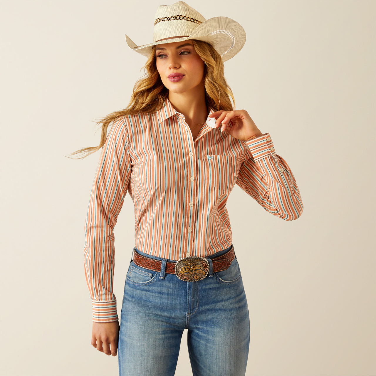 Ariat Women's Kirby Orange Malia Stripe Button Long Sleeve Western