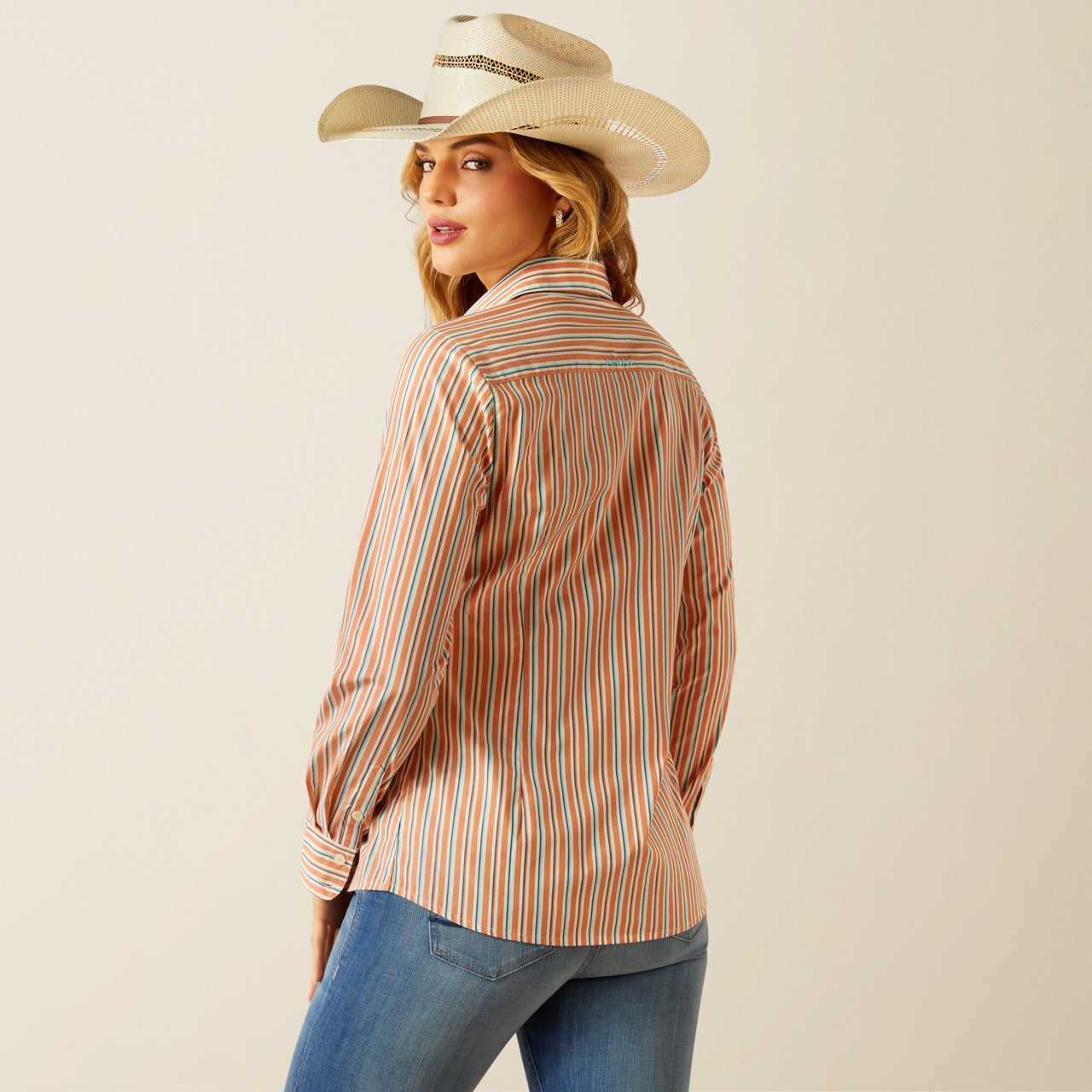 Ariat Women's Kirby Orange Malia Stripe Button Long Sleeve Western