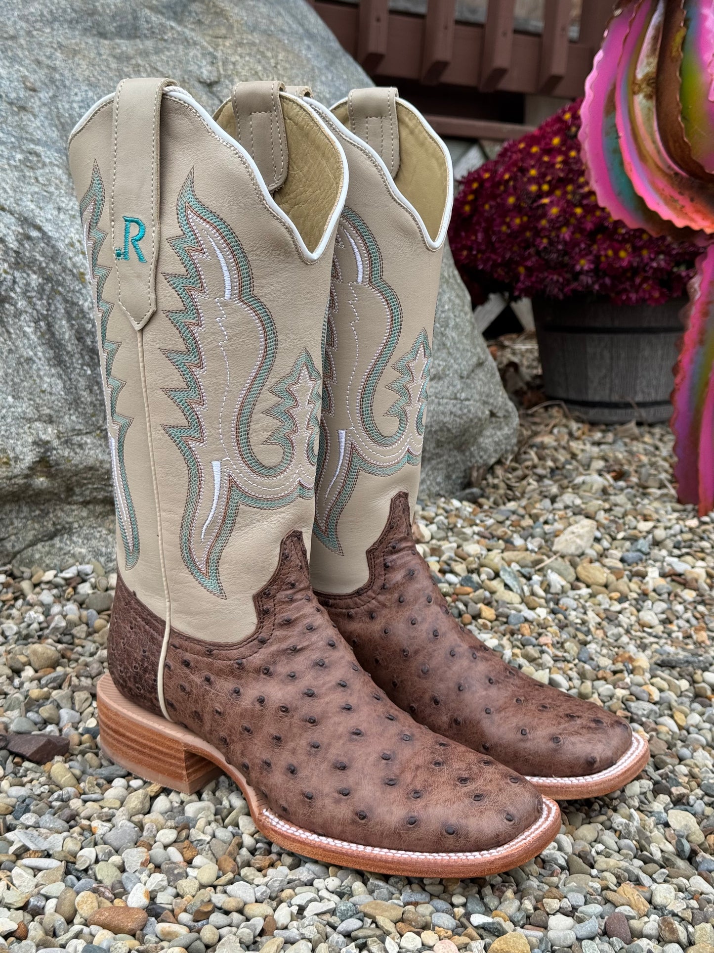 R. Watson Women's Kango Tobacco Bruciato Full Quill Ostrich Square Toe Western Cowgirl Boots RWL4301-2