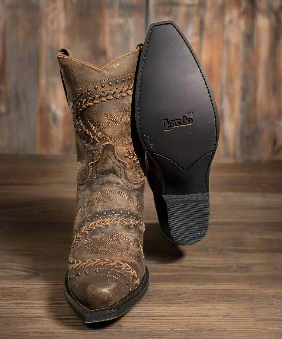 Laredo Women's Brown Fancy Shortie Ankle Snip Toe Cowgirl Boots