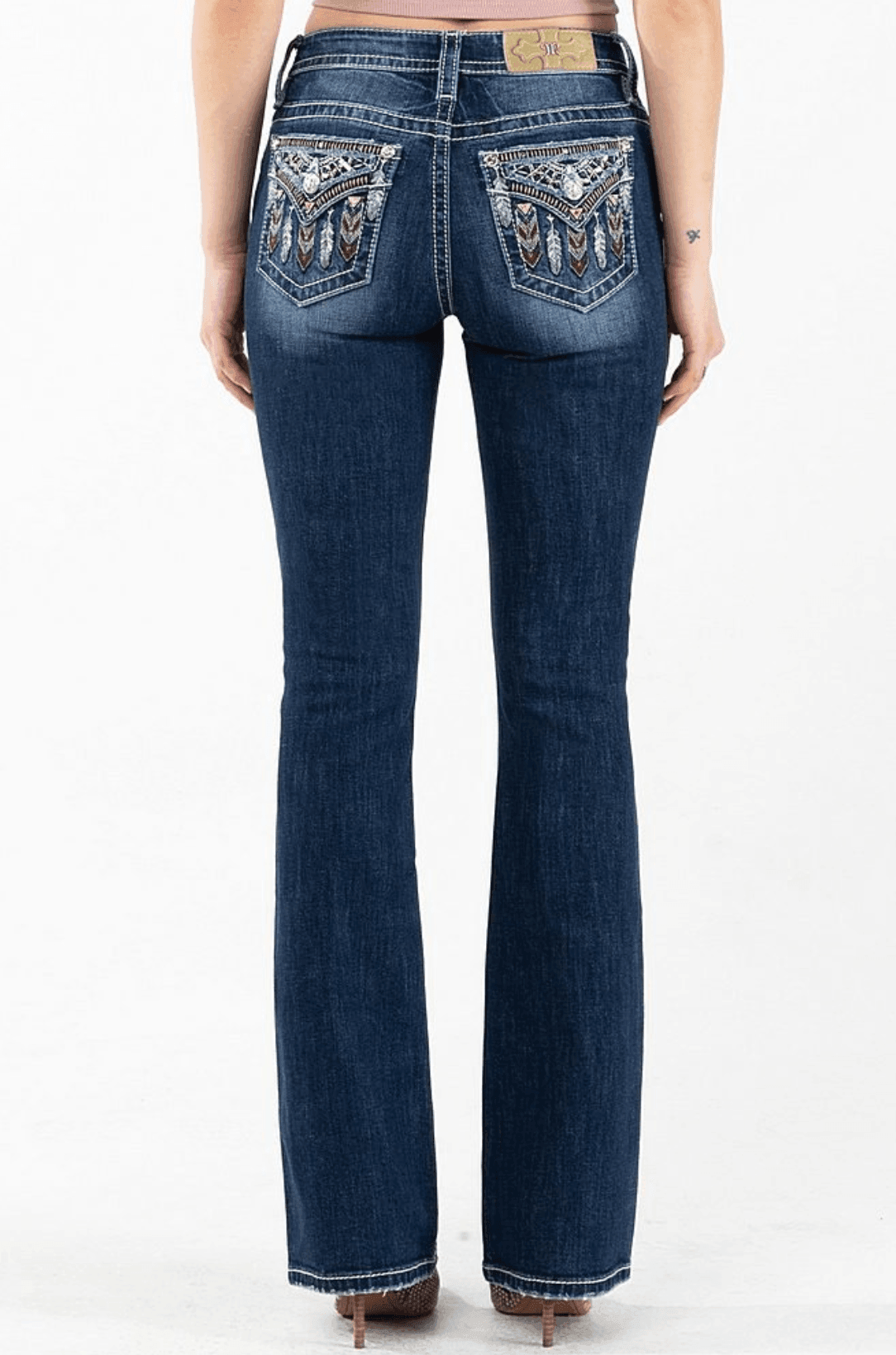 Miss Me Dream Catcher & Feather Pocket Mid-Rise Boot Cut Jeans M3929B