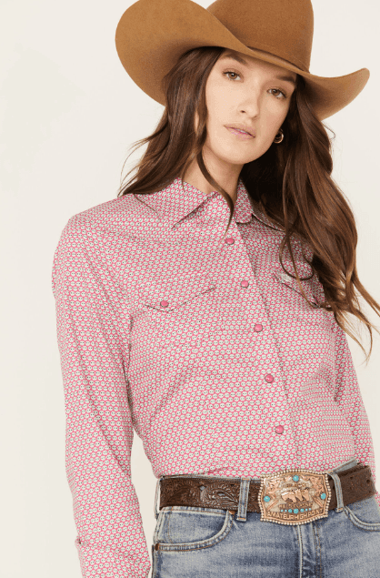 Cinch Women's Long Sleeve Pink Geo Print Snap Western Shirt