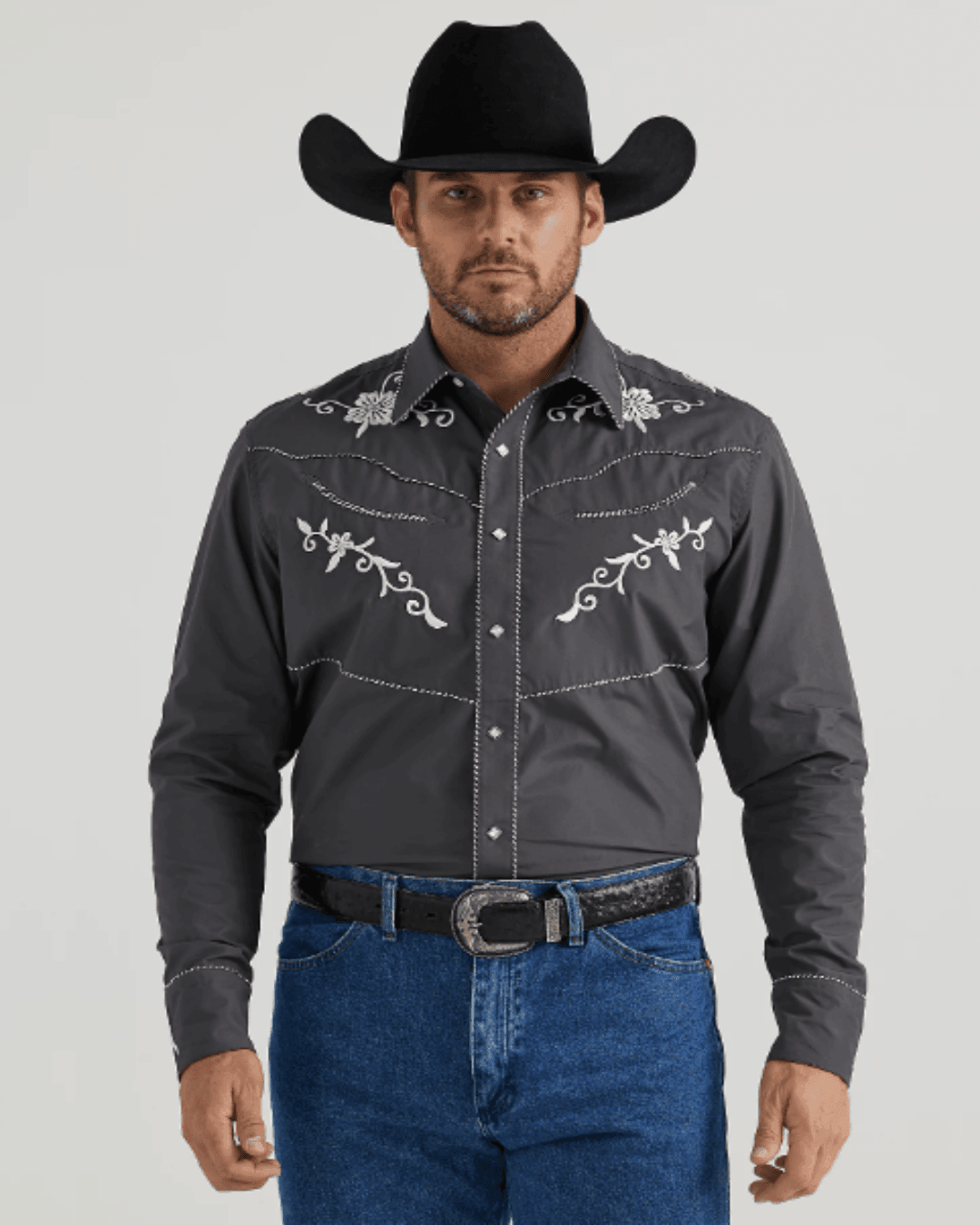 Wrangler Rodeo Ben Grey Embroidered Long Sleeve Western Snap