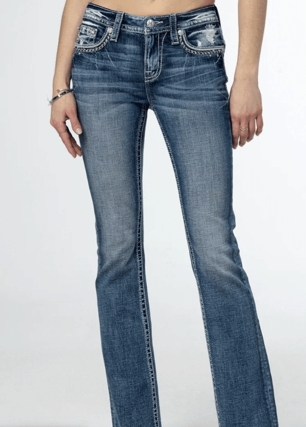 Miss Me Women's Looped In Sparkle Embroidered Mid-Rise Bootcut