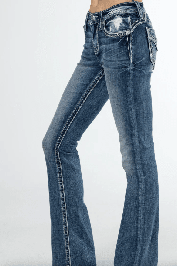 Miss Me Women's Looped In Sparkle Embroidered Mid-Rise Bootcut