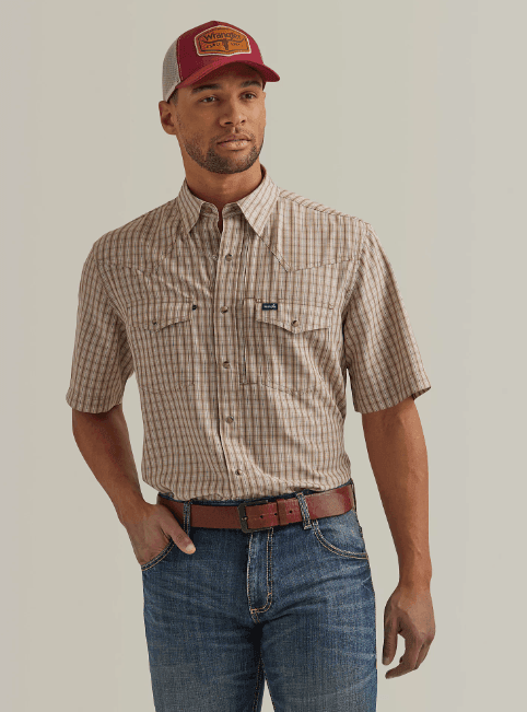 Wrangler Retro Performance Men's Brown Rust Plaid Short Sleeve