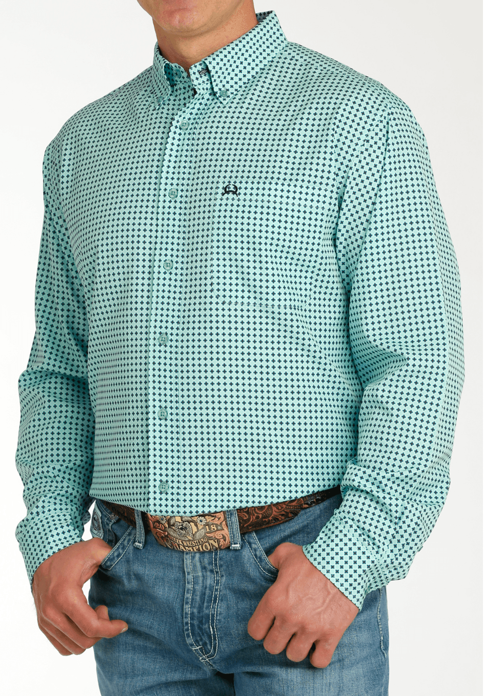 Cinch Men's ArenaFlex Turquoise Geo Print Button Long Sleeve