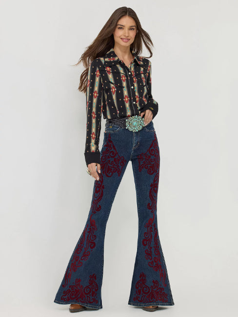 Wrangler X Women's Lainey Wilson Maroon Dark Wash Vintage Flocked