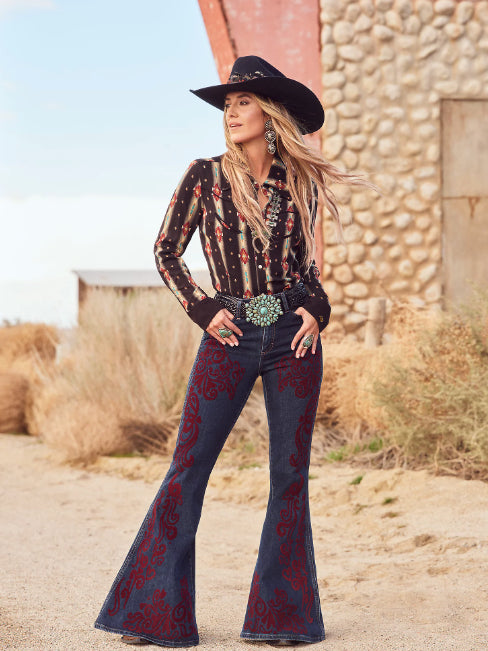 Wrangler X Women's Lainey Wilson Maroon Dark Wash Vintage Flocked