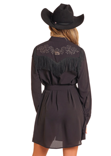 Rock and Roll Cowgirl Women's Black Embroidered Fringe Self Tie Shirt Dress BWD2R04473 Xs