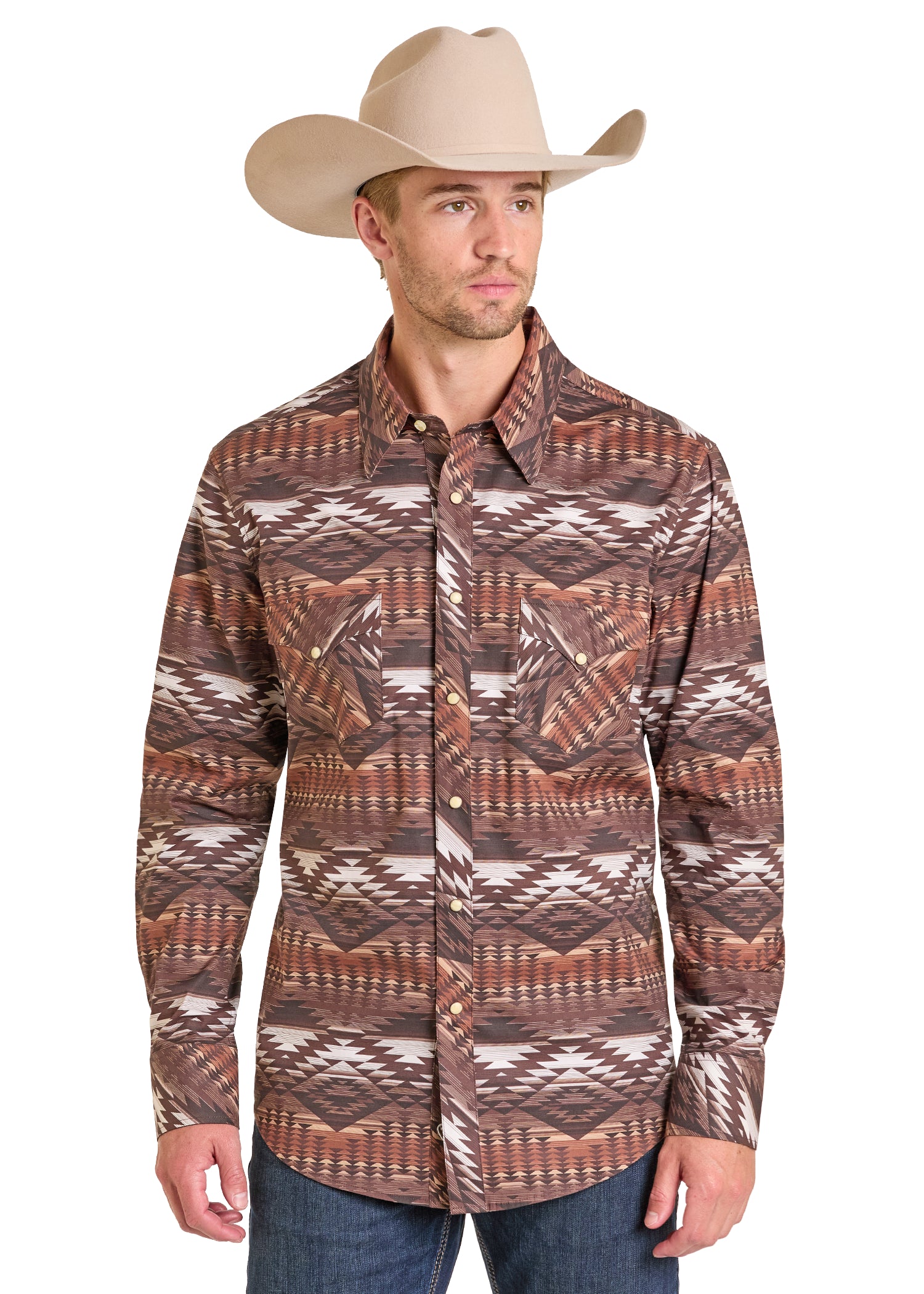 Rock & Roll Cowboy Men's Brown Aztec Print Modern Fit Pearl Snap