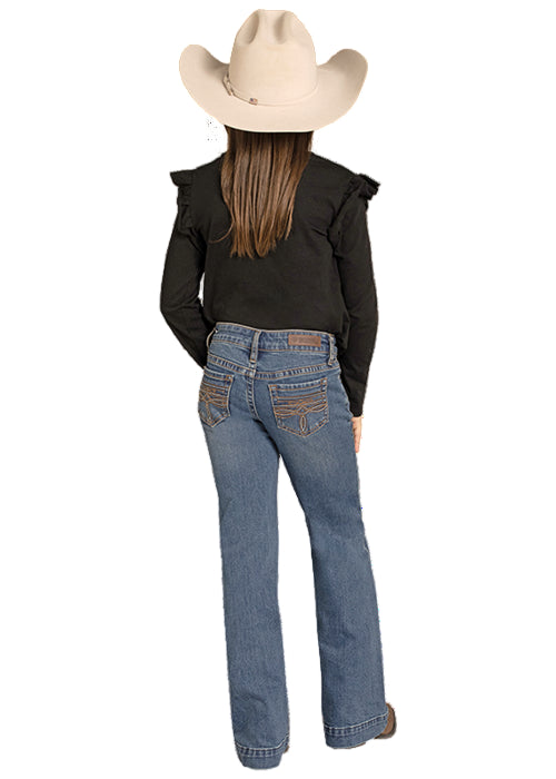 Rock & Roll Cowgirl Girl's Medium Wash Boot Stitch Raised Emblem Trouser Jeans BG5MD08059