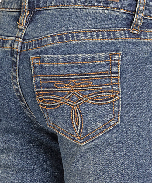Rock & Roll Cowgirl Girl's Medium Wash Boot Stitch Raised Emblem Trouser Jeans BG5MD08059