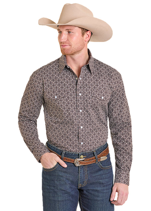 Panhandle Slim Men's Brown Medallion Geo Print Pearl Snap Long Sleeve Western Shirt SMN2S07615
