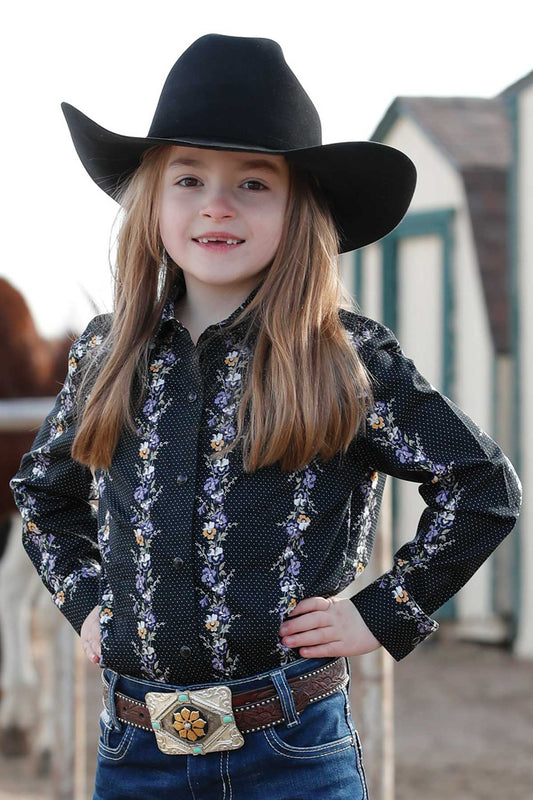Cruel Denim Girl's Black Floral Stripe & Dots Pearl Snap Long Sleeve Western Shirt CTW8040014